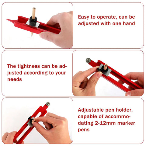 Dead On Aluminum Contour Gauge And Profile Scribe Tool With Snap Fit Pencil Holder showing adjustable pen holder and easy operation.
