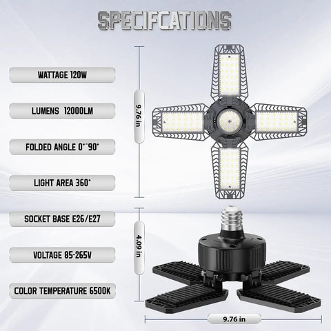 120W LED Garage Lights With 12000 Lumens And 6500K Daylight, 4 In 1 Deformable Panels, Screw In E26 E27 Shop Ceiling Lights