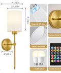Wireless Battery Operated Wall Sconce Set Of Two With Timer, Dimmable 4CCT And RGB Accent Light For Bedroom, detailed view with dimensions.