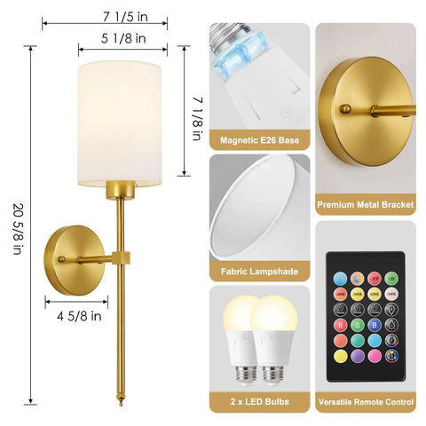 Wireless Battery Operated Wall Sconce Set Of Two With Timer, Dimmable 4CCT And RGB Accent Light For Bedroom, detailed view with dimensions.