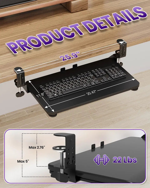 Under Desk Keyboard And Mouse Tray With Pull Out Slide, Adjustable C Clamp, 20 Inch By 11.8 Inch Surface, Black shown installed.