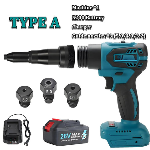 26V Cordless Rivet Gun With Brushless Motor And LED Work Light, Complete Riveting Set With Two Configuration Options, Includes 3 Interchangeable Guides, 5200mAh Battery, Charger, And M3 To M8 Rivet Nut Mandrels; Type A kit