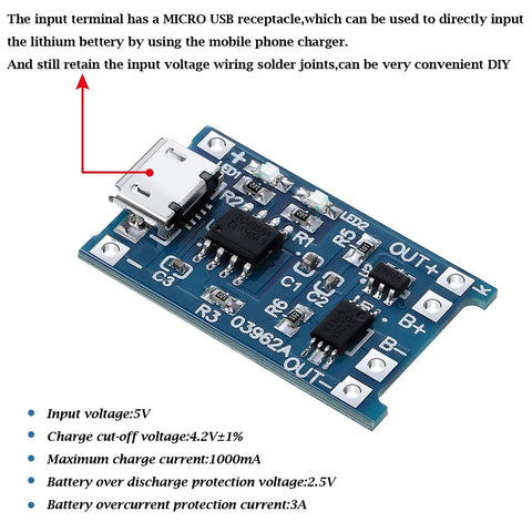 Close-up view of 40 Pack 5V Micro USB Lithium Battery Charging Module With BMS Protection Board, featuring USB input and circuit components.
