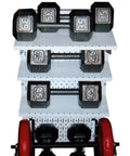 Dumbbells and weights on a pegboard storage system showing heavy-duty strength and organization capabilities