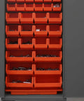 Rock Solid Industrial Mobile Steel Storage Cabinet 36 X 24 X 81 Inches Heavy Duty with 30 Red Sorting Bins, organized tools.
