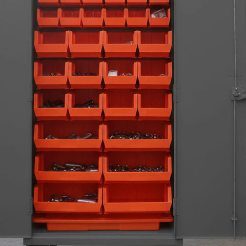 Rock Solid Industrial Mobile Steel Storage Cabinet 36 X 24 X 81 Inches Heavy Duty with 30 Red Sorting Bins, organized tools.