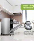 No Sweat Portable Dishwasher In Brushed Platinum Steel Compact Countertop Appliance Featuring Eight Place Settings Basket Tray And Whisper Quiet Cycle For Breezy Daily Washing, open with silver basket and sleek design.