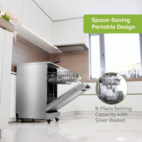 No Sweat Portable Dishwasher In Brushed Platinum Steel Compact Countertop Appliance Featuring Eight Place Settings Basket Tray And Whisper Quiet Cycle For Breezy Daily Washing, open with silver basket and sleek design.