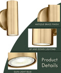Two Pack Brass Gold Wall Sconces with Up and Down Lighting for Indoor Use, featuring antique brass finish and GU10 light bulb details.