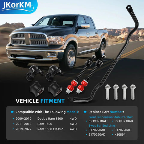 Front Stabilizer Bar And Sway Bar Link Kit For Ram 1500 2009 2010 2011 2012 2013 2014 2015 2016 2017 2018 2019 2020 2021 2022 Classic Dodge Ram Replacement 55398938AC with bushings, end links, bolts, and stabilizer bar