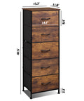 Fabric Dresser With Five Drawers And Wood Top, Sturdy Steel Frame, Tall Storage Chest For Bedroom Or Hallway, Rustic Brown Wood Grain Finish With Fabric Bin Storage, Ample Space To Tidy Closet Or Decor.