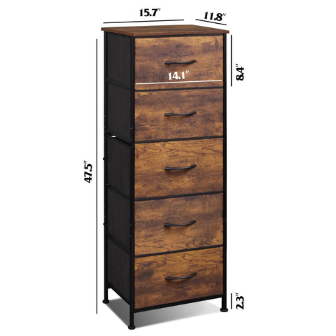 Fabric Dresser With Five Drawers And Wood Top, Sturdy Steel Frame, Tall Storage Chest For Bedroom Or Hallway, Rustic Brown Wood Grain Finish With Fabric Bin Storage, Ample Space To Tidy Closet Or Decor.