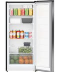 7 Cu Ft Upright Convertible Refrigerator And Freezer With Manual Defrost And Garage Ready Build In Brushed Stainless Steel, open door with drinks and fruits inside.