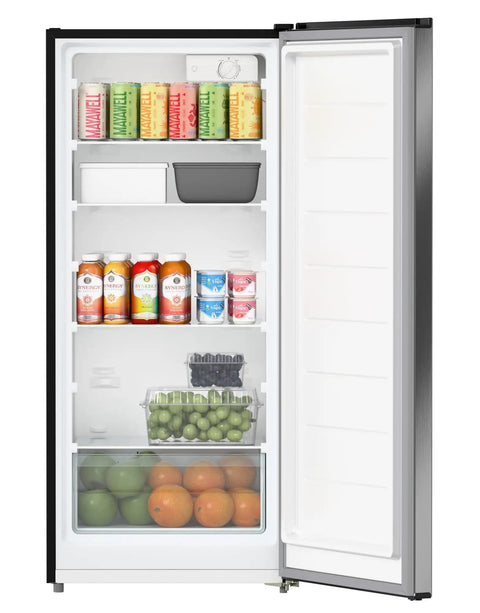 7 Cu Ft Upright Convertible Refrigerator And Freezer With Manual Defrost And Garage Ready Build In Brushed Stainless Steel, open door with drinks and fruits inside.