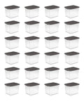 Heavy Duty Clear Plastic Storage Bins 50 Quart Stackable Totes With Secure Latches For Home Garage Organization 24 Pack set in rows with lids.