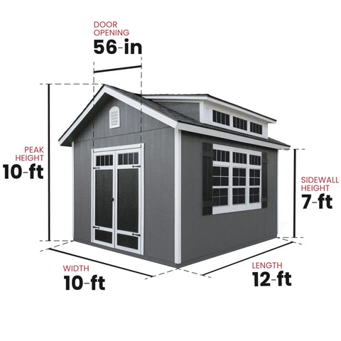 DIY 10x12 Wooden Storage Shed With Floor In Beige For Backyard Organization Featuring Prehung 56 Inch Wide By 6 Foot High Double Doors.