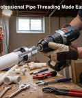 Shuielai 3 Piece Pipe Threading Tool Kit With Electric Drill Compatible, shown threading 1 inch PVC pipe with drill.