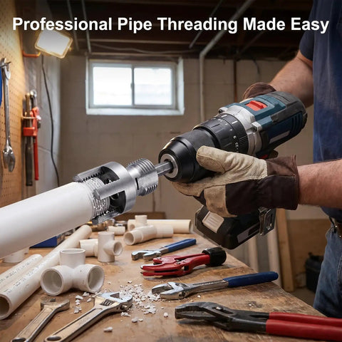 Shuielai 3 Piece Pipe Threading Tool Kit With Electric Drill Compatible, shown threading 1 inch PVC pipe with drill.