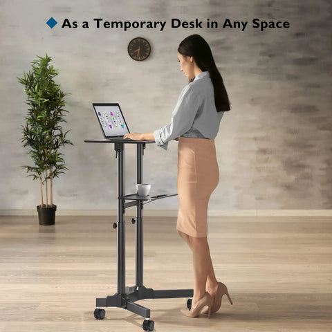 Woman using On Wheels Portable Standing Laptop Desk With Height Adjustable Sit Stand 0 To 40 Degree Tilt Rolling Cart in home office
