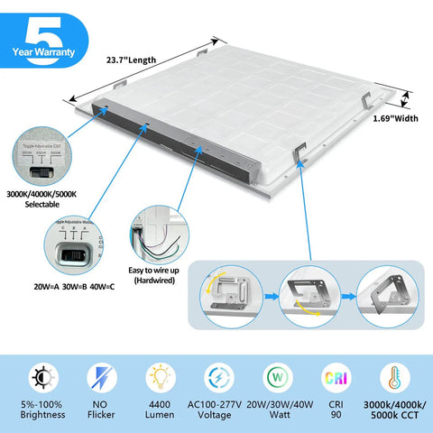 Diagram of 2x2 LED Flat Panel Light 40W Recessed Drop Ceiling Fixture with 5000LM Output, dimensions, and switch details.