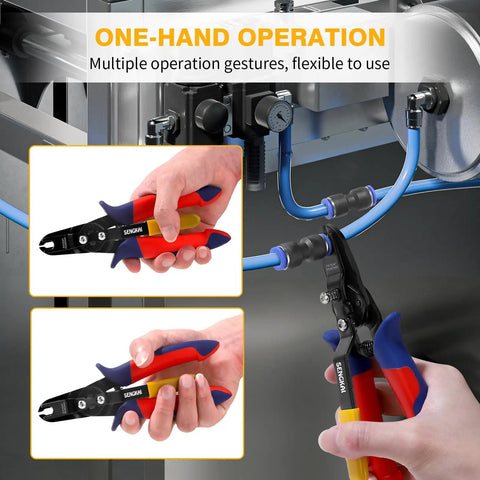 Must Have Air Line Removal Tool For Quarter Inch And Five Sixteenths Inch Push To Connect Fittings, Quick Release Pliers shown being used.