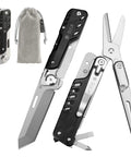 7 In 1 Detachable Multitool With D2 Steel Blade And Large Scissors, shown open and folded with storage pouch, for survival tasks.