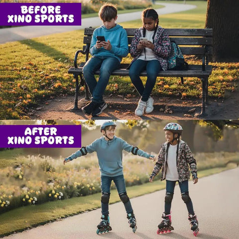 Children sitting on a bench with phones and later rollerblading with Adjustable Inline Skates For Girls With Illuminating Front Wheels Built For Cool Easy Learning Ride Comfortable And Durable Rollerblades For Beginners And Intermediate Riders.