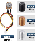 Image of a 10K Linear Taper Rotary Potentiometer With 3 Pins And 20cm Wire, 10000 Ohm Variable Resistor, Aluminum Alloy Knobs in three colors.