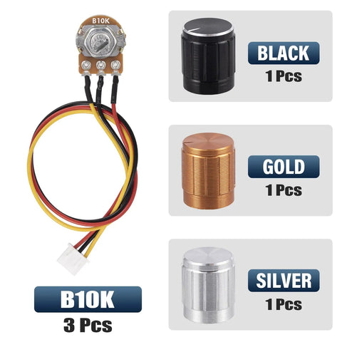 Image of a 10K Linear Taper Rotary Potentiometer With 3 Pins And 20cm Wire, 10000 Ohm Variable Resistor, Aluminum Alloy Knobs in three colors.