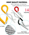 14-piece zinc-coated hitch pins with rubber-coated grips in yellow and red for trailers and tractors