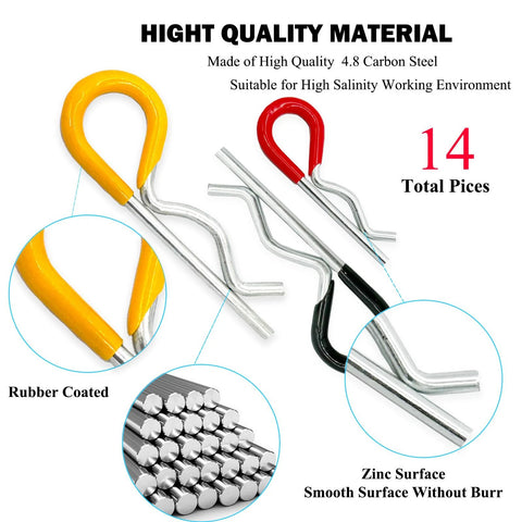 14-piece zinc-coated hitch pins with rubber-coated grips in yellow and red for trailers and tractors