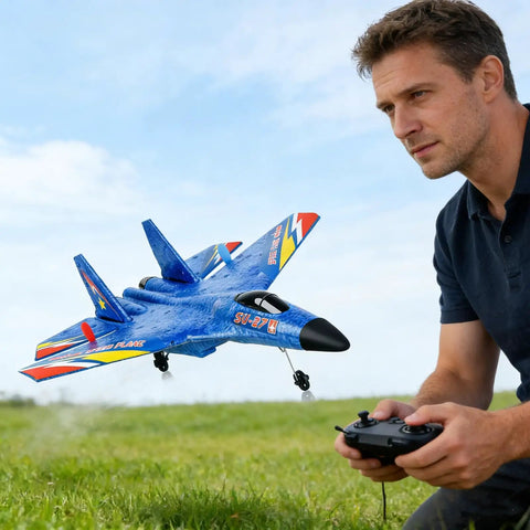 Man flying Su-27 Inspired RC Fighter Jet For Adults And Beginners, durable lightweight foam airplane outdoors, with a remote control in hand