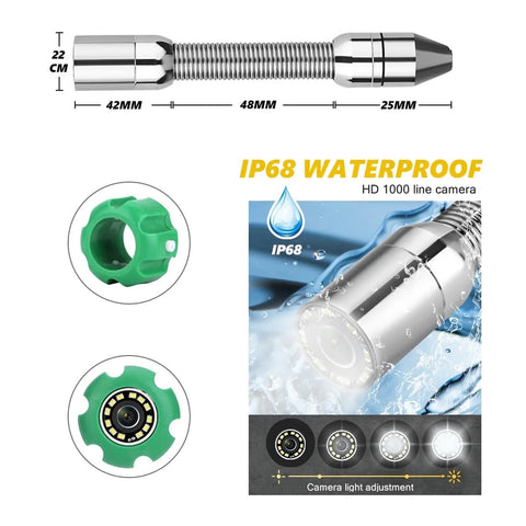 Heavy Duty Drain Inspection Camera With 7 Inch IP68 Waterproof Screen And LED Borescope For Sewer Lines That Records Crisp Footage and IP68 waterproof camera lens