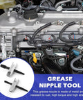Engine close-up with Beefy Grease Zerk Tool Set Two Pack 4 Way Fittings Removal Tools inset on corner; tools on galvanized steel surface.