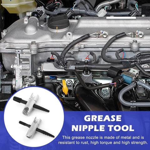 Engine close-up with Beefy Grease Zerk Tool Set Two Pack 4 Way Fittings Removal Tools inset on corner; tools on galvanized steel surface.