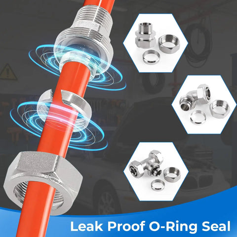 Three Quarter Inch HDPE Aluminum HDPE Air Tubing Kit For Air Compressors 100 200 And 300 Feet Leak Proof No Fuss Easy To Install High Pressure Line Durable Corrosion Resistant Construction, showing fittings and leak-proof seal close-up.