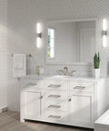 Modern bathroom with Weller Tub And Shower Valve Trim Kit with Single Handle Brushed Nickel Finish for OX8 Series installed in shower.