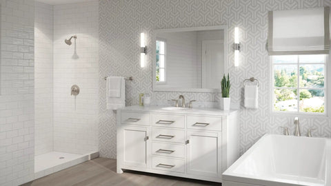 Modern bathroom with Weller Single Handle Shower Trim Kit With Dope Multi Function Shower Head Five Spray Modes, brushed nickel finish.