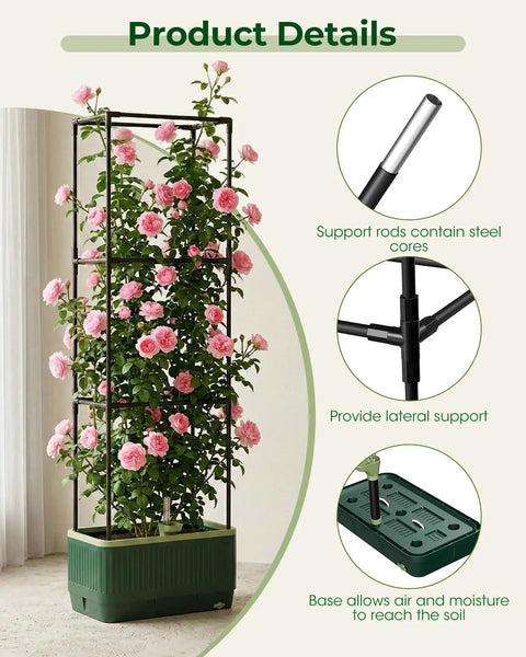 Raised Garden Bed Planter With Trellis For No Fuss Self Watering Tomatoes Climbing Plants And Veggies For Indoor Outdoor Patio Garden Great For Balcony And Yard Gardens And Aids Healthy Harvest displaying support rods and base features