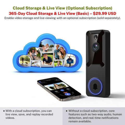 1080p Wireless Outdoor Dome Security Camera With Night Vision And Two Way Audio Smart AI Human Detection For Real Time Live View Battery Powered 2.4GHz WiFi Only Cloud Storage Sold Separately, displayed with mobile app and cloud storage option.
