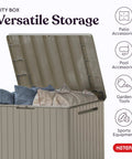 Beige 30 Gallon Resin Outdoor Storage Box And Patio Side Table for pool and garden accessories with hidden lid open