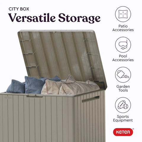 Beige 30 Gallon Resin Outdoor Storage Box And Patio Side Table for pool and garden accessories with hidden lid open