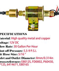 Electric Fuel Pump 5-9 PSI 12V DC 30 GPH For Gasoline And Diesel Carburetor Engines Universal Fit Visible Specifications