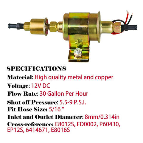 Electric Fuel Pump 5-9 PSI 12V DC 30 GPH For Gasoline And Diesel Carburetor Engines Universal Fit Visible Specifications