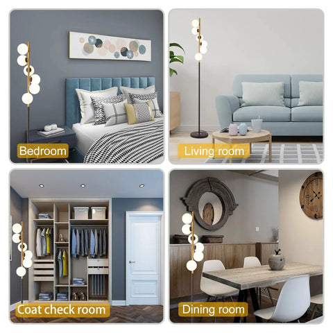 Six Globe Floor Lamp With Glass Shade Tall LED Pole Light In Black And Gold Finish Mid Century Modern Style in various rooms.