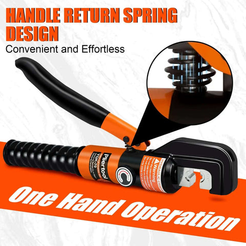 10 Ton Hydraulic Battery Cable Crimper With 9 Dies And Dual Blade Weir Cutter, spring-loaded handle, one-hand operation close-up
