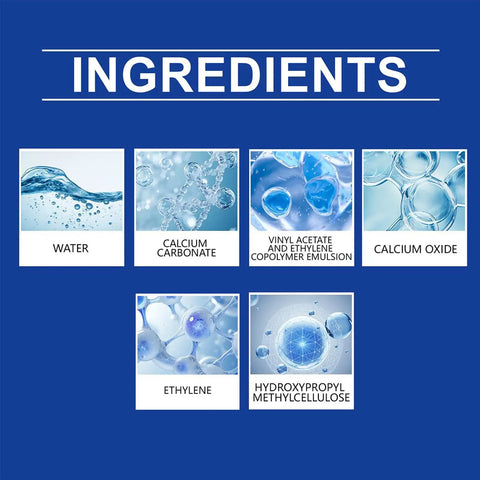 Image showing ingredients of Easy No Mess Drywall Hole Repair Paste Kit including water, calcium carbonate, vinyl acetate, calcium oxide, ethylene.