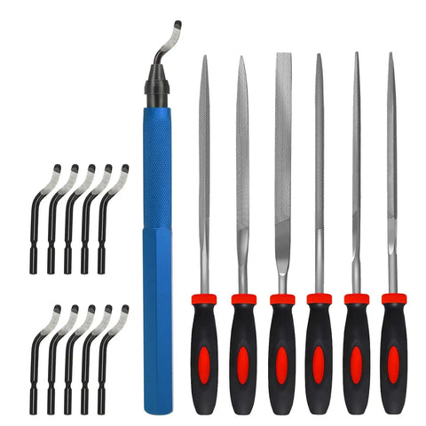 Handy Deburring Tool Kit With 6 Pcs Needle Files And 10 HSS Blades 6-1/2 Inch Metal Handle Chamfer Tool For Pipe Edges On Resin Aluminum Brass Plastic Easy Grip Durable Pro Grade Burr Removal