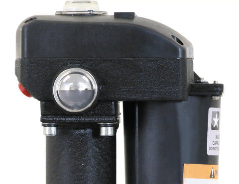 Close-up of 12 Volt Electric Trailer Jack For RVs And Trailers, 3500 Lb Tongue Weight showing LED night light and gauge.