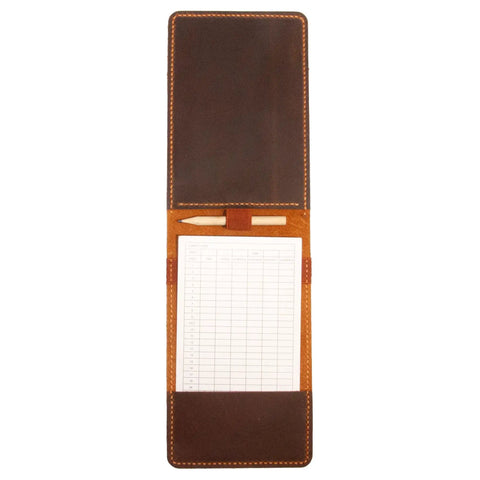 Open Personalized Leather Golf Yardage Book Holder and Scorecard Cover for Golfers with pencil and paper inside.